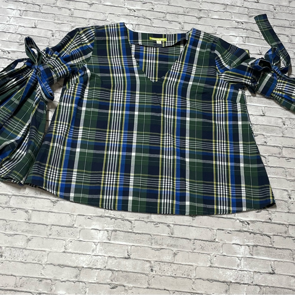 Gianni Bini Blue and Green Plaid V-Neck Blouse